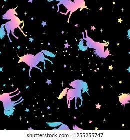 Unicorn and star silhouettes colorful pattern, vector illustration