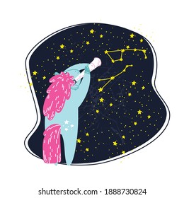 Unicorn stargazer flat hand drawn color illustration. Cartoon stargazer with telescope and dark sky. Hand drawn clipart for kids. Scandinavian style isolated drawing