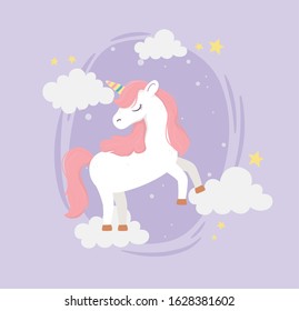 unicorn stars clouds decoration fantasy magic dream cute cartoon purple background vector illustration