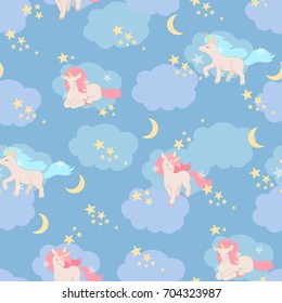 Unicorn, stars and clouds, seamless pattern in blue soft pastel colors. Vector illustration for textile, fabric, nursery kids design, wallpaper