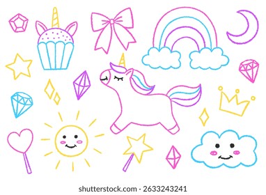 Unicorn, stars, diamonds, rainbow. Vector illustration with pastel and chalk texture. Minimalist