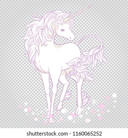 Unicorn with stars and glitter isolated on gray background.  Vector illustration. 