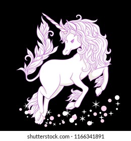 Unicorn with stars and glitter isolated on black  background.  Vector illustration. 