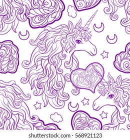 Unicorn,  stars and love heart. Seamless pattern in purple colors. Outline hand drawing. Stock vector.