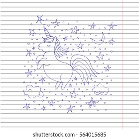 Unicorn and the stars with the moon and clouds on a copybook background. vector illustration.