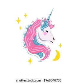 Unicorn with stars and moon. Vector illustration with unicorn head with pink and blue hair. 