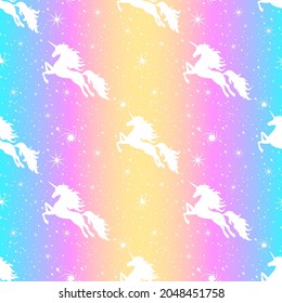 Unicorn and stars seamless pattern. Silhouette of a flying unicorn on the starry sky. Silhouette white on a rainbow background. Vector illustration.