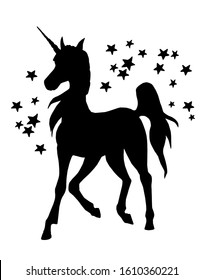 Unicorn and stars. Watercolor, romantic, black unicorn silhouette isolated  on a white background. background fairy tale creature, magical animal clip art