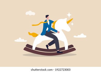 Unicorn Start Up, Winner Creative Idea To Earn Money And Make Profit In Real Life Concept, Smart Success Businessman Company Founder Or Billionaire Investor Riding Unicorn Rocking Horse Into The Sky.