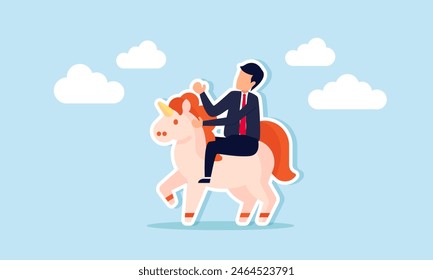 Unicornio startup, idea creativa exitosa para ganar dinero y obtener ganancias reales, concepto de empresario exitoso inteligente, fundador de la empresa, inversor multimillonario montando un caballo mecedor unicornio en el cielo