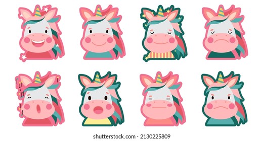 Unicorn sticker. Cute muzzle in cartoon style. Vector illustration for notepads, diaries, notebooks, templates on a white background