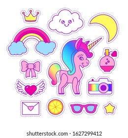 Unicorn sticker set. Cute children collection with cloud, stars, wings, heart, speach bubble, orange, crown, cake, rainbow and magic.