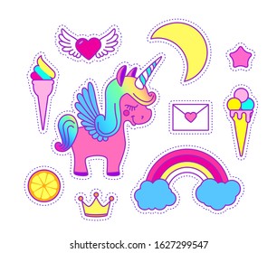 Unicorn sticker set. Cute children collection with cloud, stars, wings, heart, speach bubble, orange, crown, cake, rainbow and magic.