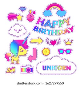 Unicorn sticker set. Cute children collection with cloud, stars, wings, heart, speach bubble, orange, crown, cake, rainbow and magic.