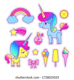 Unicorn sticker set. Cute children collection with cloud, stars, wings, heart, speach bubble, orange, crown, cake, rainbow and magic.