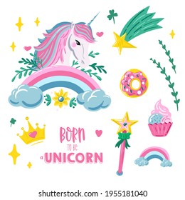 Unicorn Sticker Set With Unicorn, Rainbow, Comet, Donut, Cupcake And Hand Drawn Lettering. Colorful And Bright Unicorn Illustration. 