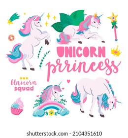 Unicorn sticker set. Vector unicorn illustration. Unicorn art for girls. 