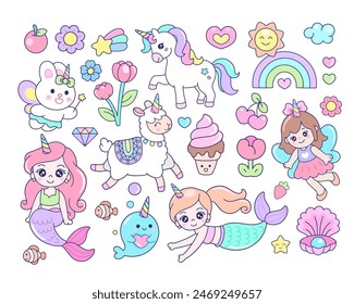 Unicorn stickers with fairy, mermaid, bunny, and flowers vector illustration