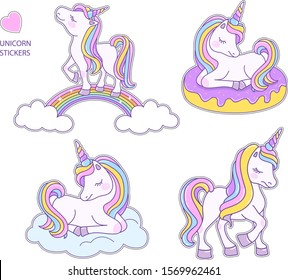 Unicorn Stickers Isolated On A White Background. Unicorn On A Rainbow, On A Donut And On A Cloud. Vector Image.