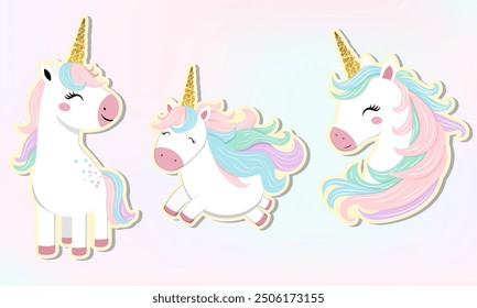 Einhornsticker. Set von niedlichen Einhörnern mit goldenen Hörnern. Kinderliche Vektorgrafik