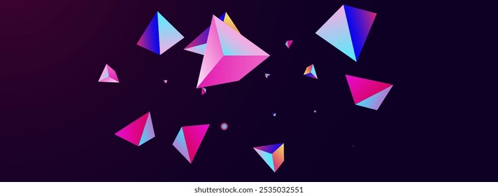 Unicorn Stone Vector Panoramic Dark Violet Background. Gradient Minimal Tetrahedron Catalog. Magical Minimalist Jewel Banner. Rainbow Geometric Flying Magazine.