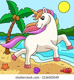 Unicorn Strolling On The Beach Colored Cartoon 