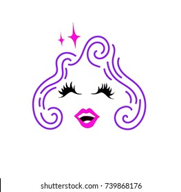 Unicorn style. Conceptual vector for halloween. Girl with pink hair.Pink sensitive lips smiling, black lashes and sparks.Unicorn style.Vector girl face for print banner, poster. Teenager sticker