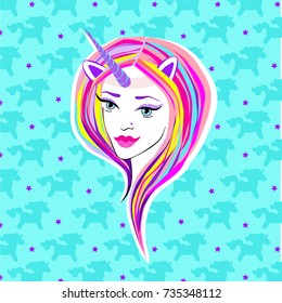 Unicorn style. Costume for halloween. Girl with horn and mane. Pink sensitive lips, blue eyes with black arrows. Pink hair wig.Vector girl face for print banner, poster. Teenager sticker