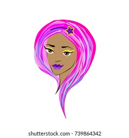 Unicorn style girl  head with colorful hair.Pink sensitive lips, blue eyes . Costume for halloween.Vector girl face for print banner, poster.Teenager sticker