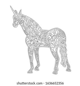 Unicorn in style zentangle. Hand drawn picture for coloring page isolated on the transparent background. Vector illustration