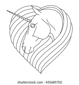 Unicorn stylized head in the shape of a heart. Equestrian vector illustration. Horse logo, emblem for t-shirts, prints, tattoo, adult antistress coloring page, black isolated on white background,