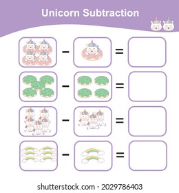 Unicorn Subtraction Math Game for Preschool. Counting Game Worksheet for Children. Educational printable math worksheet. Additional math games for kids. Vector illustration. 