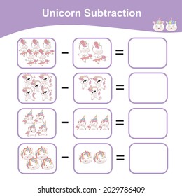 Unicorn Subtraction Math Game for Preschool. Counting Game Worksheet for Children. Educational printable math worksheet. Additional math games for kids. Vector illustration. 