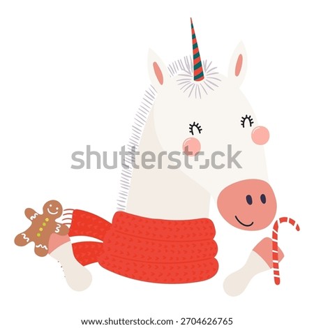 Unicorn with sugar cane, gingerbread isolated on transparent. Hand drawn flat vector illustration. Cute cartoon character. Traditional Christmas, New Year design element, clip art