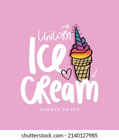 Unicorn summer concept ice cream cute cartoon drawing on pink, design for kids fashion graphics and t shirt prints