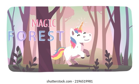 Unicorn in summer forest nature with trees. Cute imaginary animal creature walking on green meadow in wood. Beautiful park scenery, fantasy woodland wilderness concept flat vector illustration