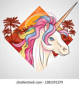 UNICORN SUMMER SUNSET SUMMER AT BEACH WITH COCONUT TREE , DETAIL VECTOR GOOD FOR ELEMENT, POSTER , ELEMENT FLYER, TSHIRT DESIGN , BOOK COVER. 