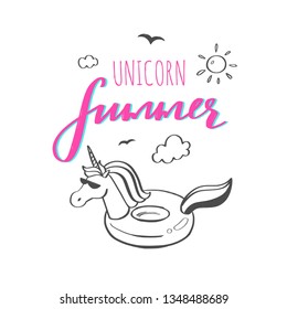 Unicorn summer vector concept. Handwritten calligraphy and cartoon styled unicorn on the beach