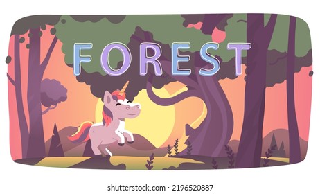 Unicorn at sunset in forest nature with trees. Cute imaginary animal creature walking on summer meadow in woods. Beautiful park scenery, fantasy woodland wilderness concept flat vector illustration