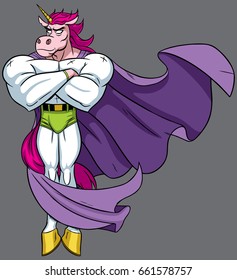 Unicorn superhero on grey background. 