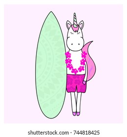 Unicorn with surfboard with Hawaiian flowers