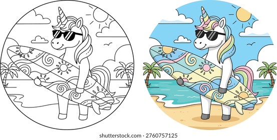 Unicorn surfing coloring page and colored illustration in beach summer scene designed in clean vector style ideal for kids activities creative projects and educational use