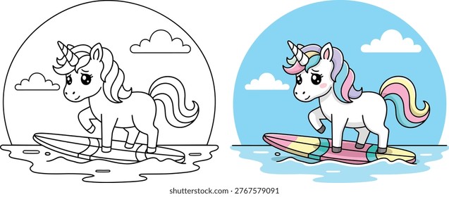 Unicorn surfing on an ocean wave with a surfboard in a playful scene with clean vector outlines designed for kids coloring pages and fun summer themed projects
