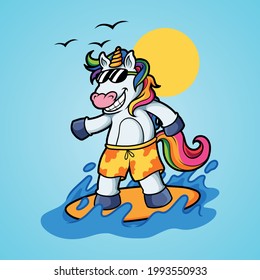 Unicorn surfing in summer vector illustration