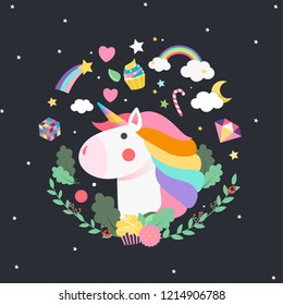 Unicorn surrounded by magic poster vector