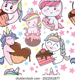  unicorn sweet cake seamless pattern. Suitable for textiles, packaging, wallpaper, etc. Objects isolated on background. Vector illustration.