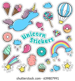Unicorn sweet set of stickers, pins, patches in cartoon comic style.