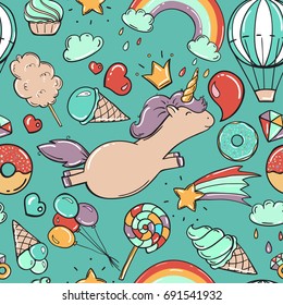Unicorn sweet set of stickers, pins, patches in cartoon comic style.
