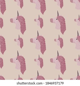 Unicorn sweet silhouettes seamless pattern in pale tones. Grey background with light purple pony elements. Designed for fabric design, textile print, wrapping, cover. Vector illustration.