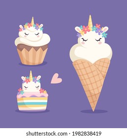 Unicorn sweets. Ice cream, cupcake and color rainbow cake with cartoon unicorns. Fantastic horses or pony desserts vector illustration
